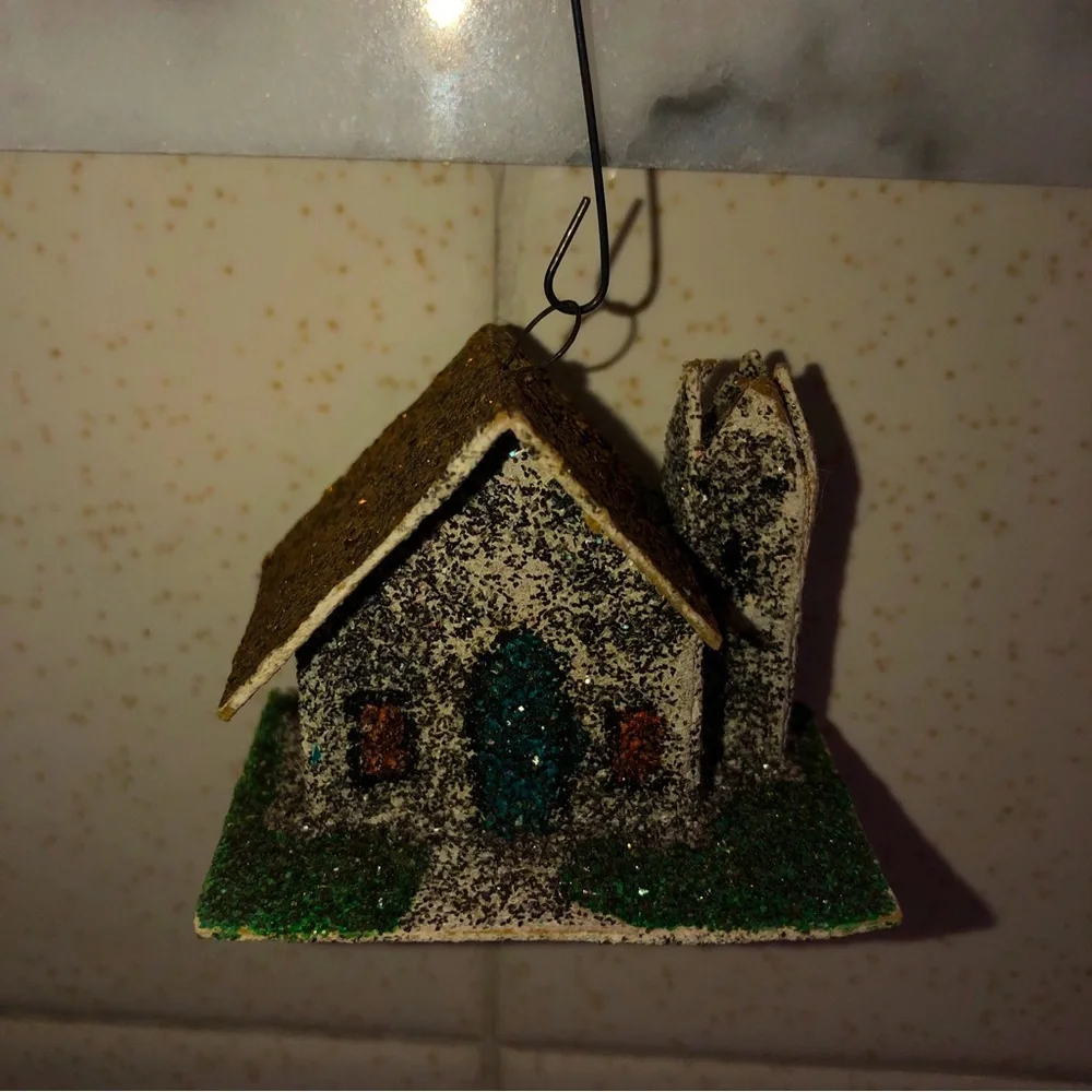 Vintage Paper‎ Cardboard Glitter Church House Christmas Tree Ornament Japan Made